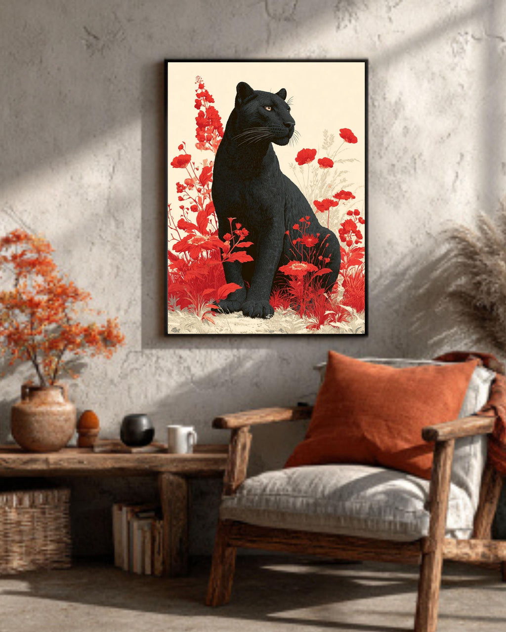 Black Leopard Canvas Print: Red Floral Botanical Animal Portrait
