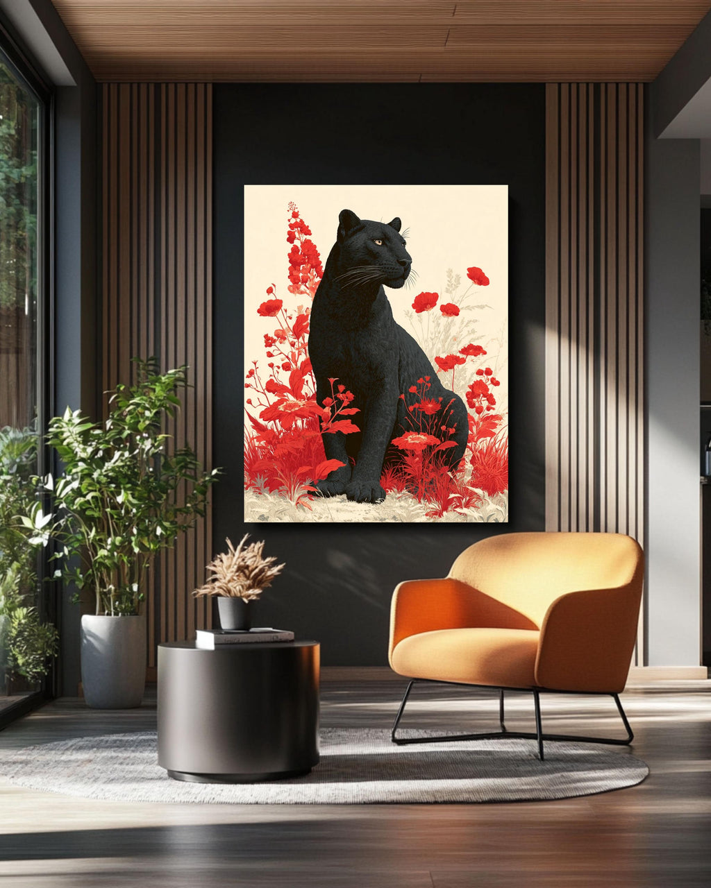 Black Leopard Canvas Print: Red Floral Botanical Animal Portrait
