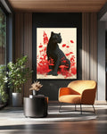 Black Leopard Canvas Print: Red Floral Botanical Animal Portrait