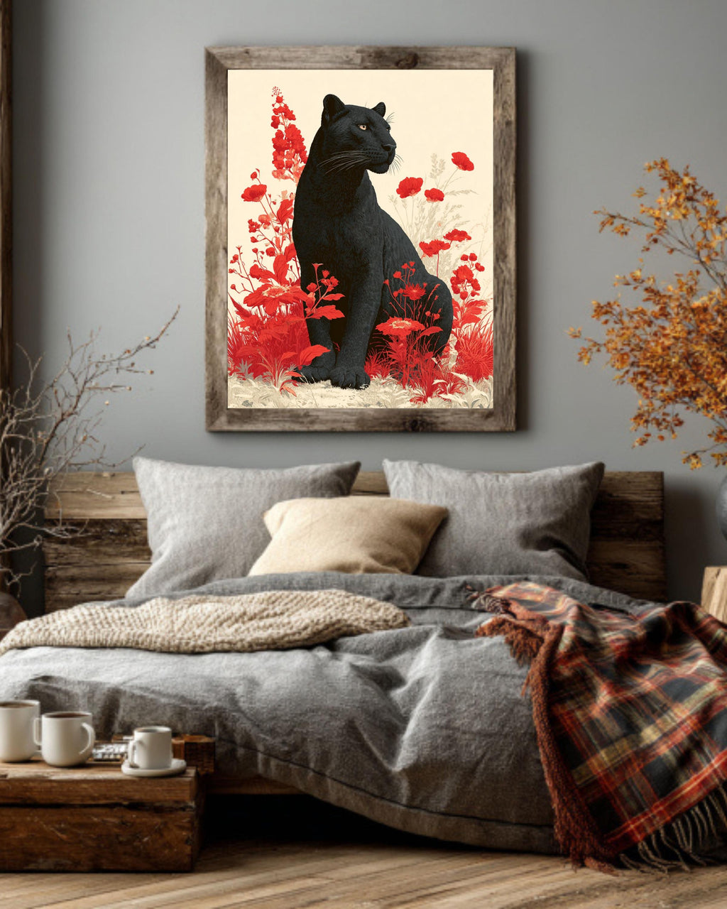 Black Leopard Canvas Print: Red Floral Botanical Animal Portrait