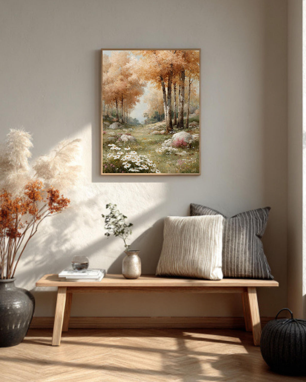 Vintage Autumn Forest Oil Painting: Birch Aspen Tree Canvas Print