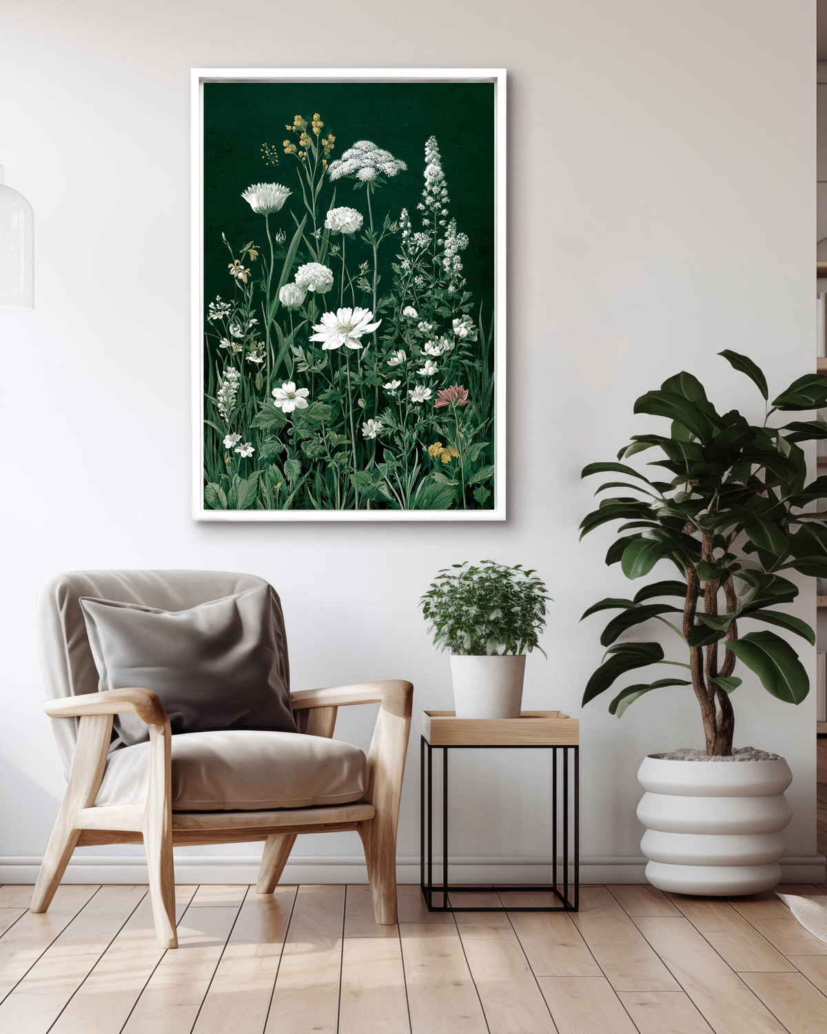 Botanical Wildflower Canvas: Dark Green Vintage Floral Illustration