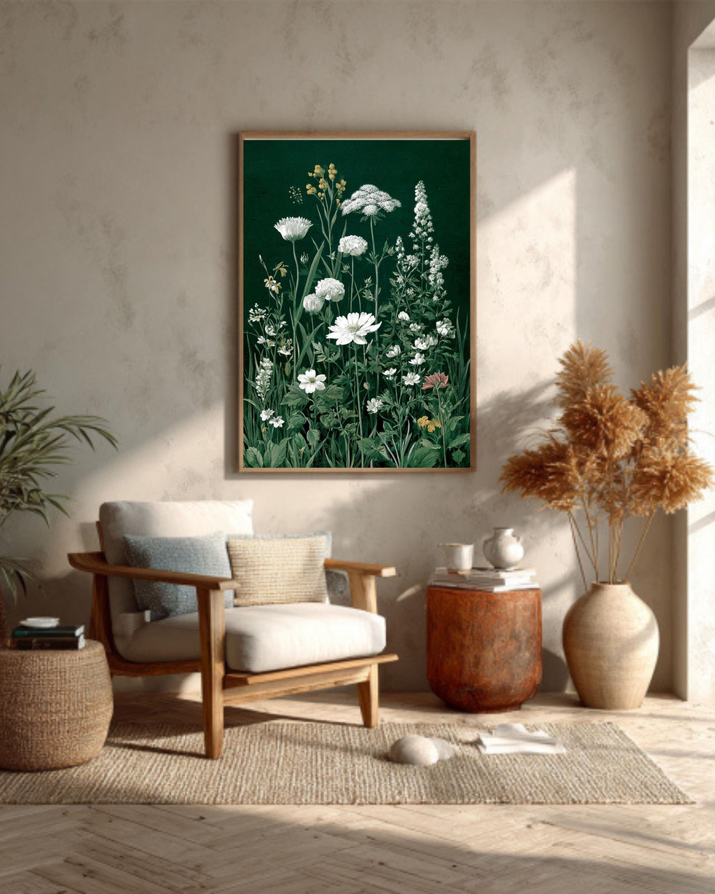 Botanical Wildflower Canvas: Dark Green Vintage Floral Illustration