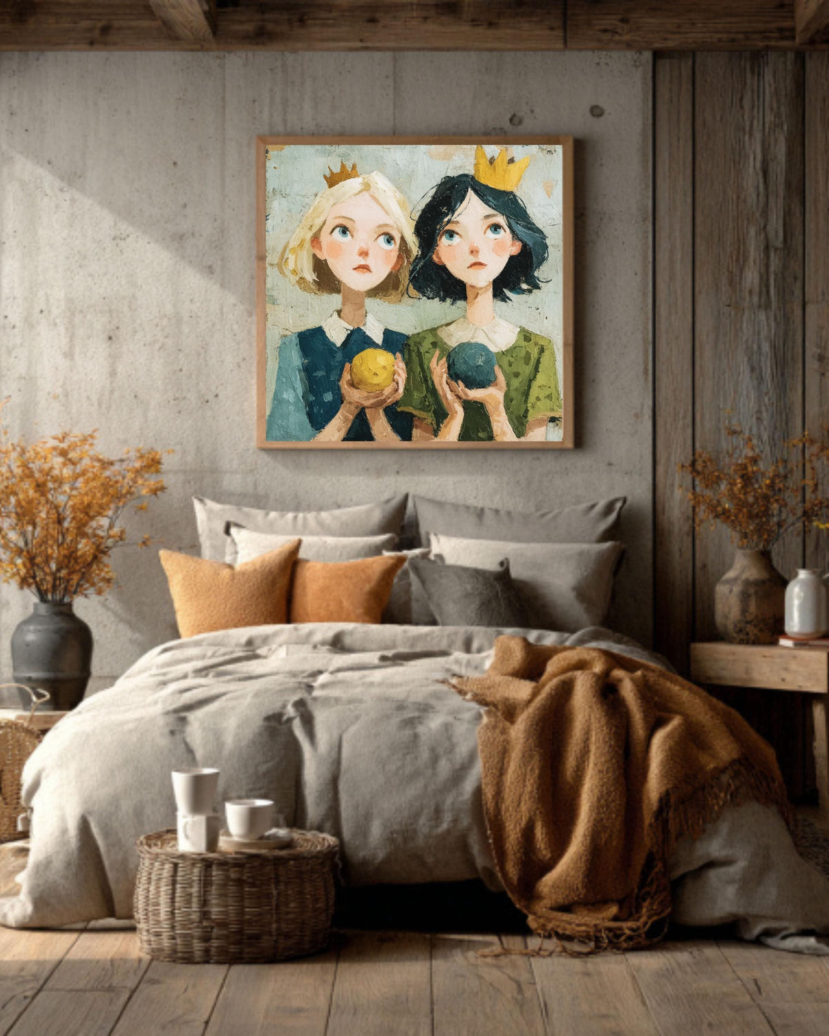 Whimsical Girls with Crowns Canvas Art: Fairy Tale Illustration