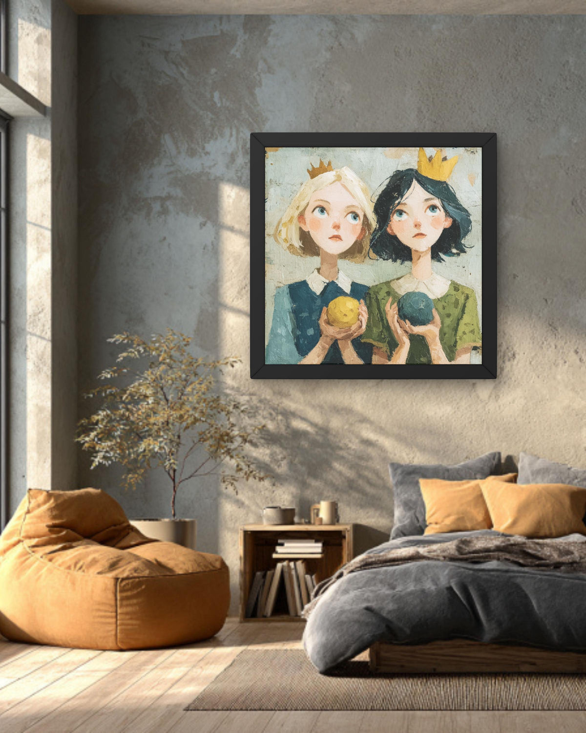 Whimsical Girls with Crowns Canvas Art: Fairy Tale Illustration