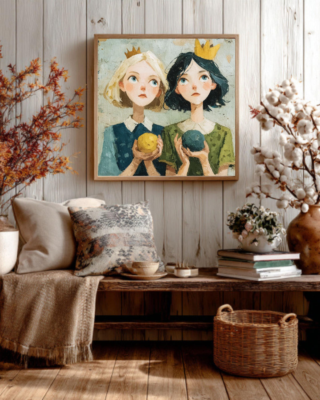 Whimsical Girls with Crowns Canvas Art: Fairy Tale Illustration