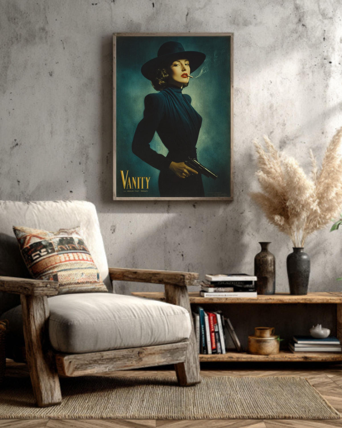 Film Noir Canvas Art: Femme Fatale with Gun, Retro Glamour Decor