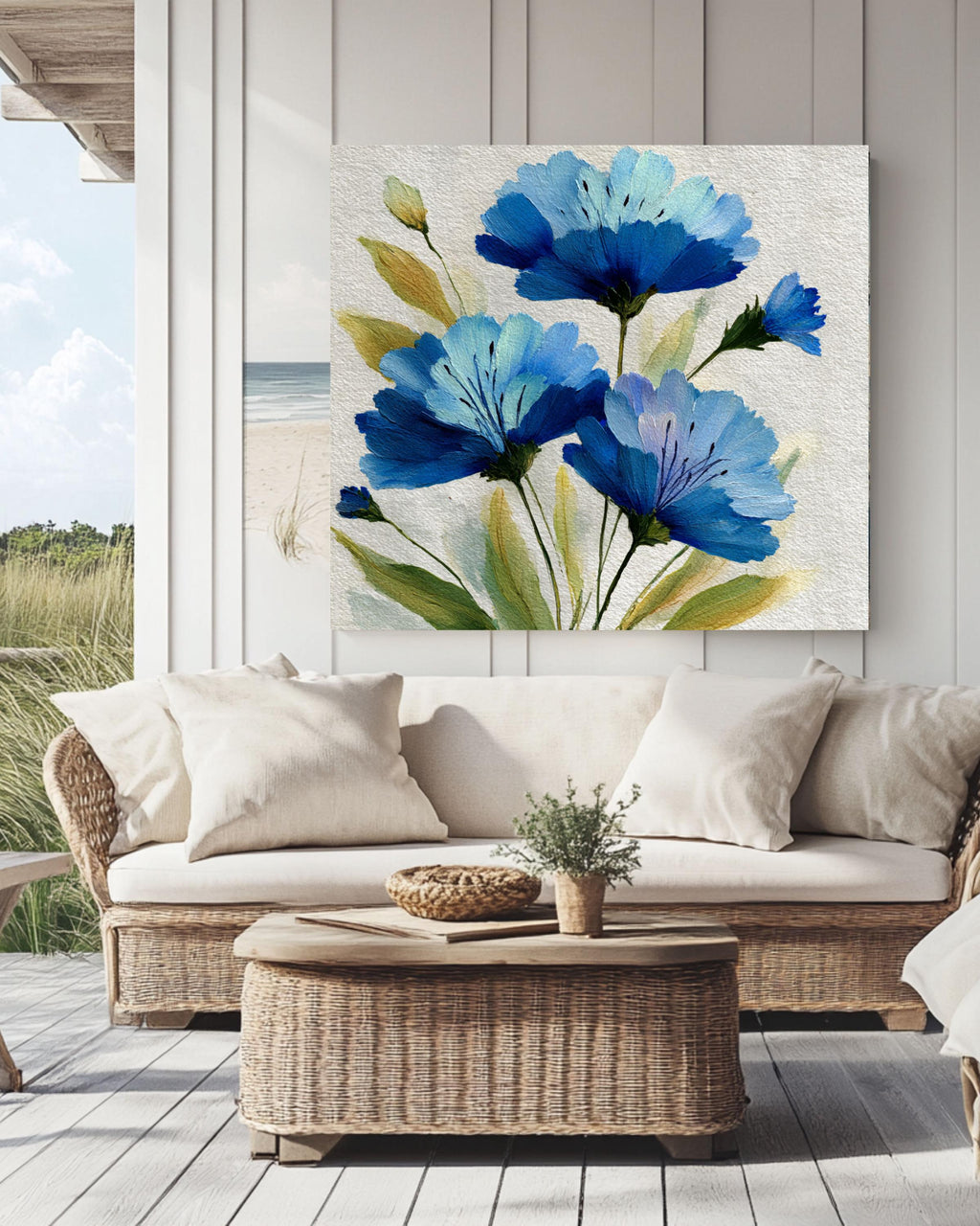 Blue Floral Canvas Print: Impressionistic Wildflower Botanical Wall Art