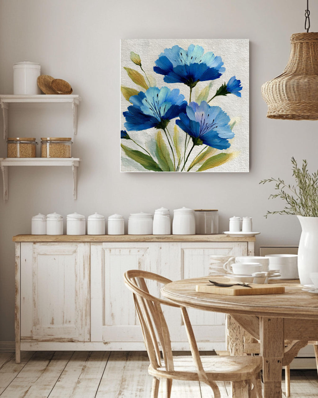 Blue Floral Canvas Print: Impressionistic Wildflower Botanical Wall Art