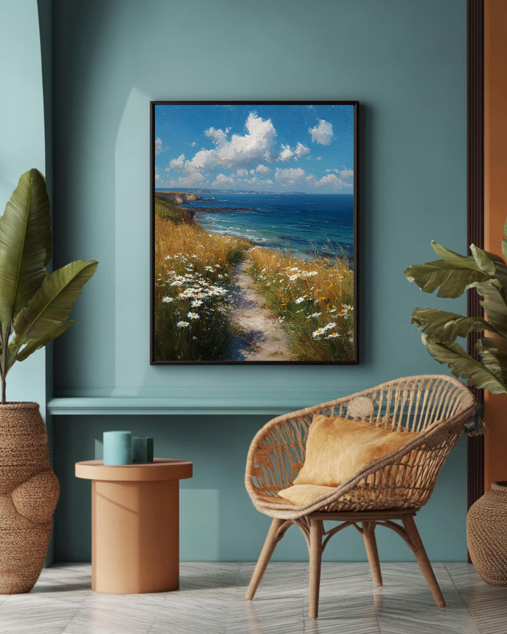 Coastal Path Canvas Art Print: Serene Ocean & Daisy Landscape