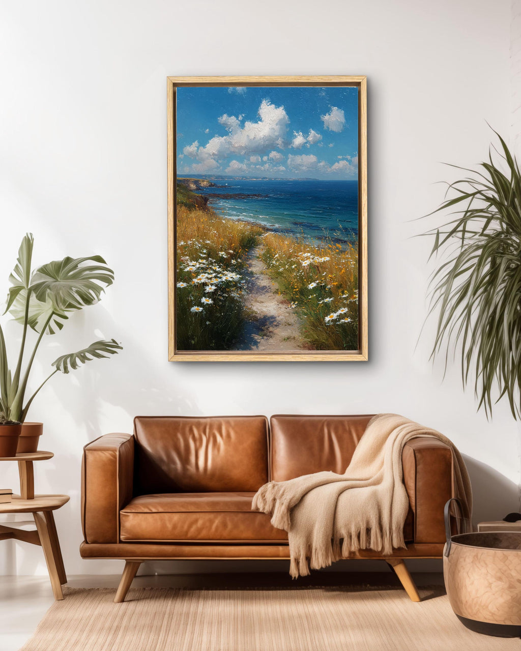 Coastal Path Canvas Art Print: Serene Ocean & Daisy Landscape