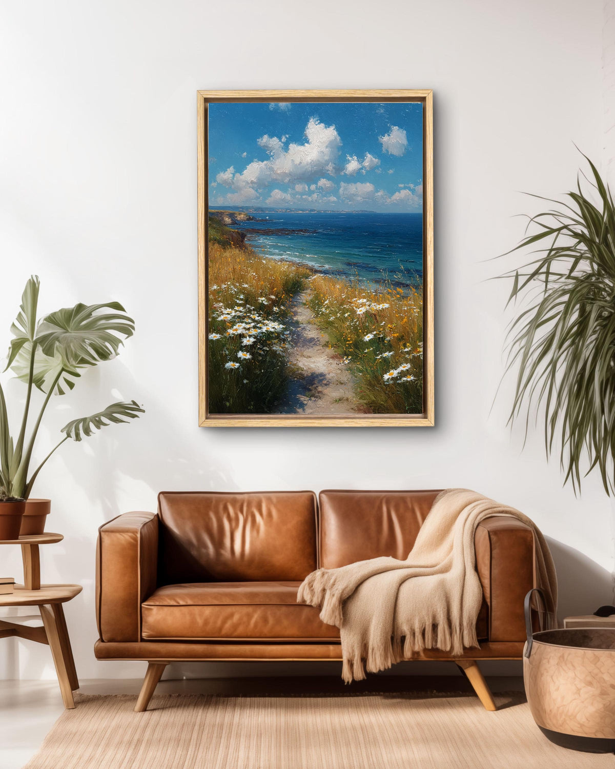 Coastal Path Canvas Art Print: Serene Ocean & Daisy Landscape