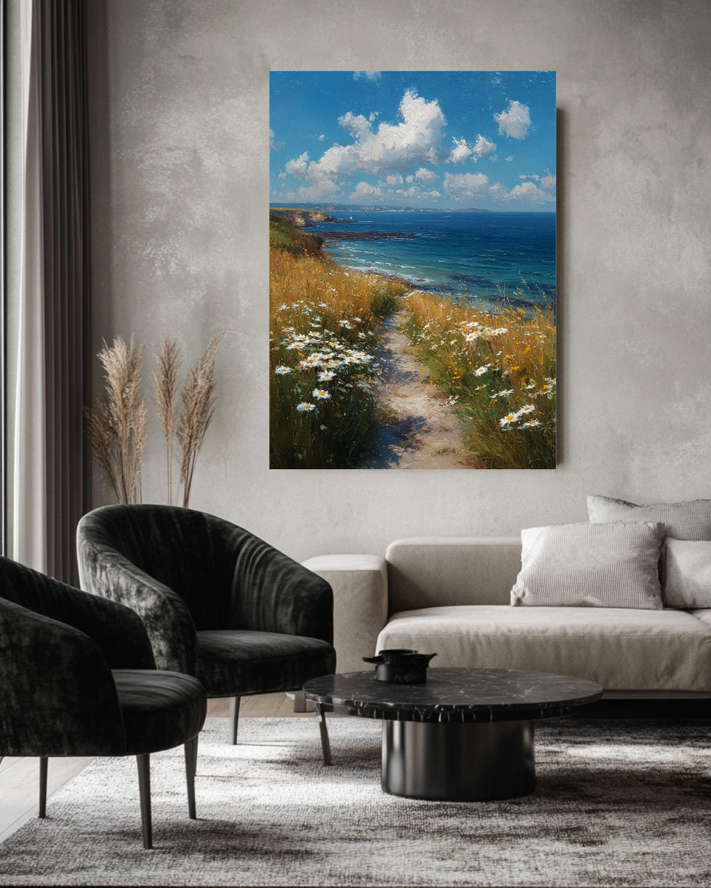 Coastal Path Canvas Art Print: Serene Ocean & Daisy Landscape