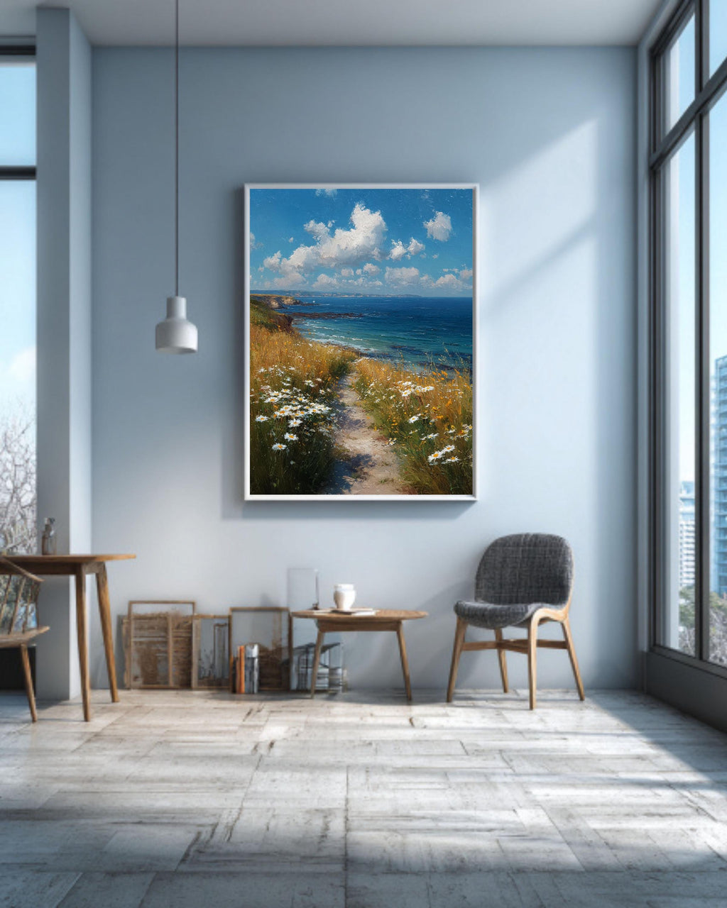 Coastal Path Canvas Art Print: Serene Ocean & Daisy Landscape