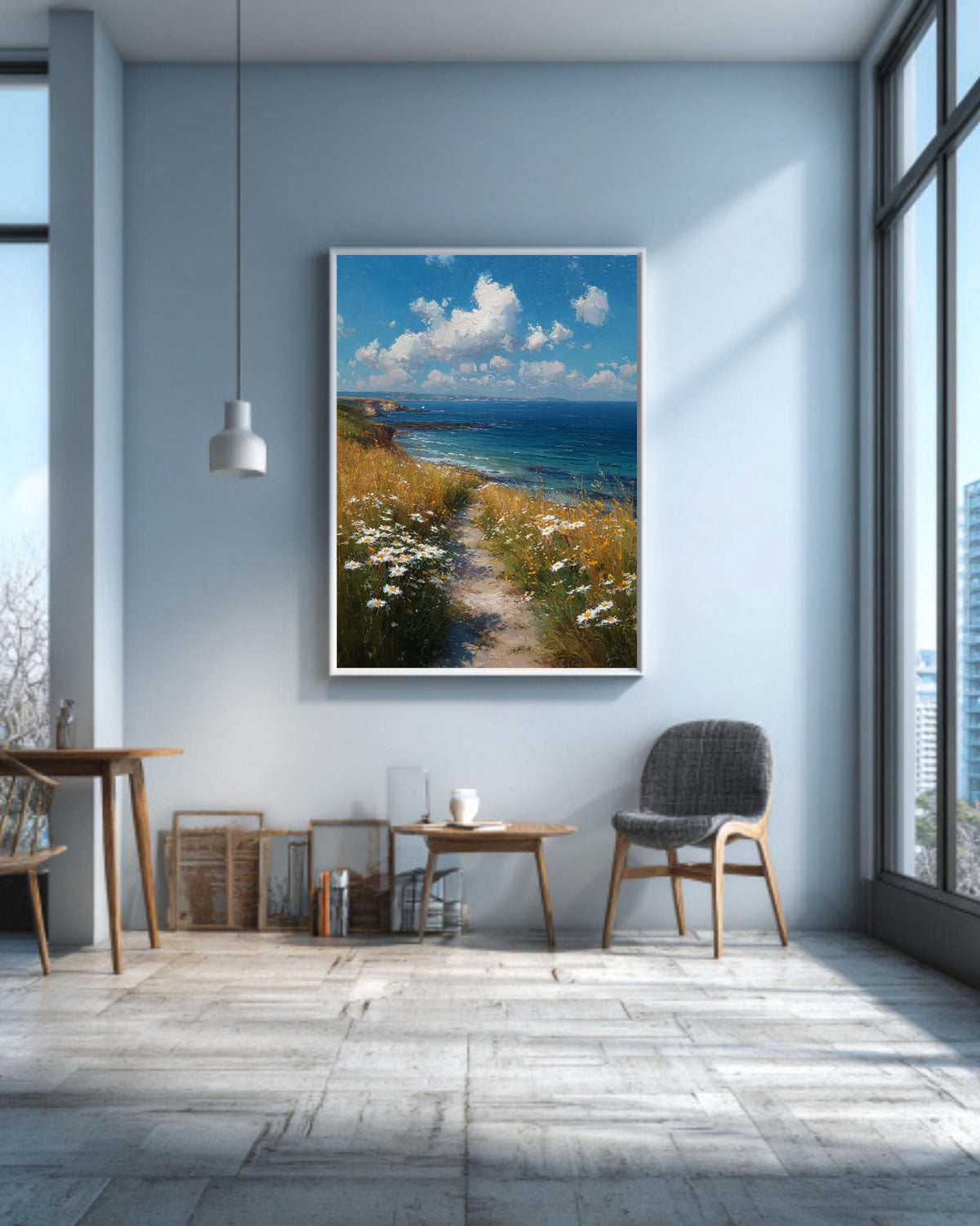 Coastal Path Canvas Art Print: Serene Ocean & Daisy Landscape