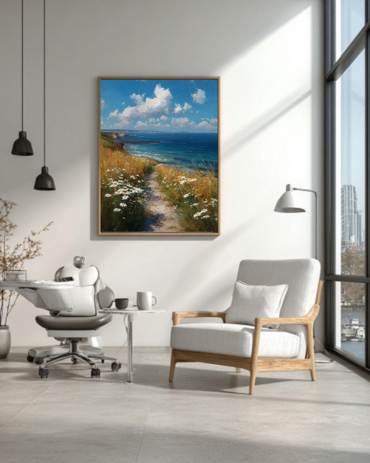 Coastal Path Canvas Art Print: Serene Ocean & Daisy Landscape