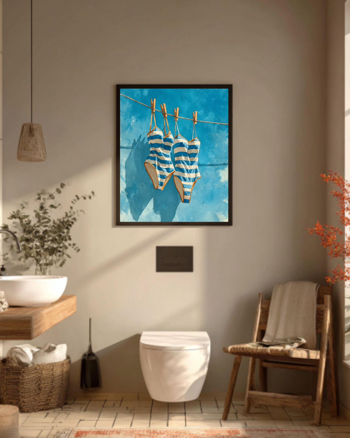 Blue Striped Swimsuits Art: Coastal Watercolor Painting