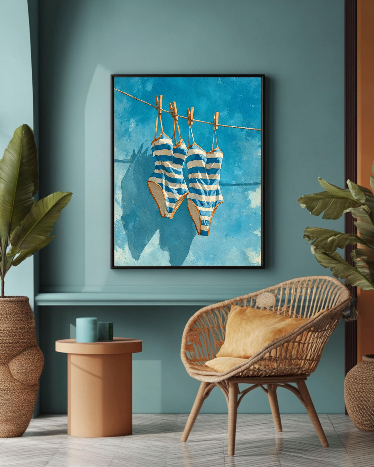 Blue Striped Swimsuits Art: Coastal Watercolor Painting