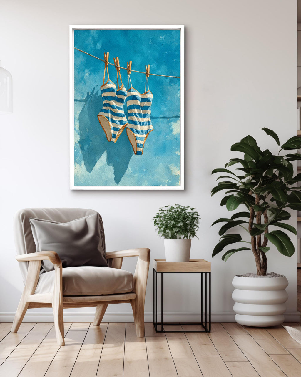 Blue Striped Swimsuits Art: Coastal Watercolor Painting
