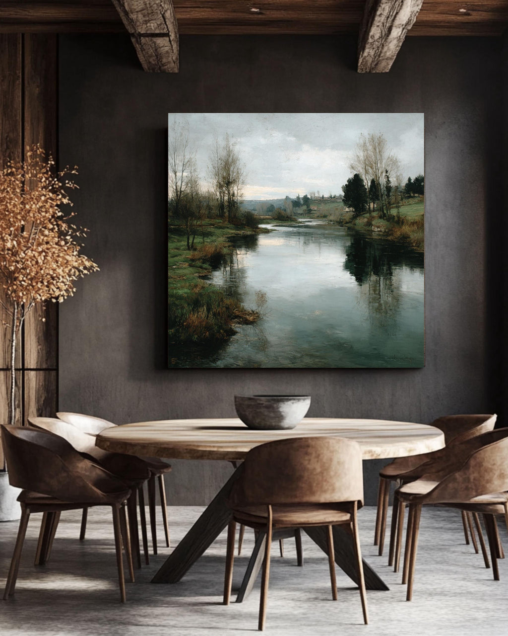 Tranquil River Canvas Print: Rustic Farmhouse Landscape Wall Art
