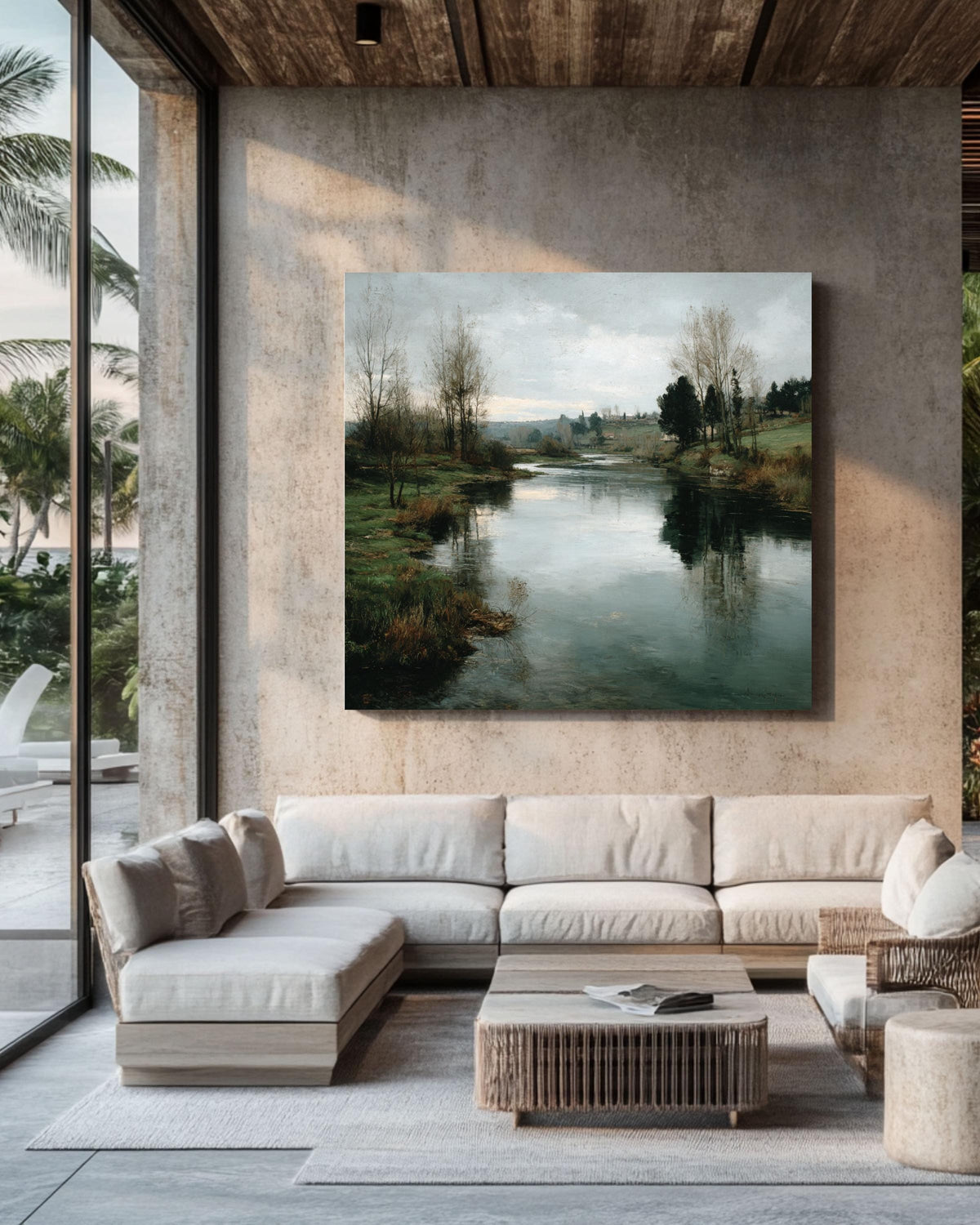 Tranquil River Canvas Print: Rustic Farmhouse Landscape Wall Art