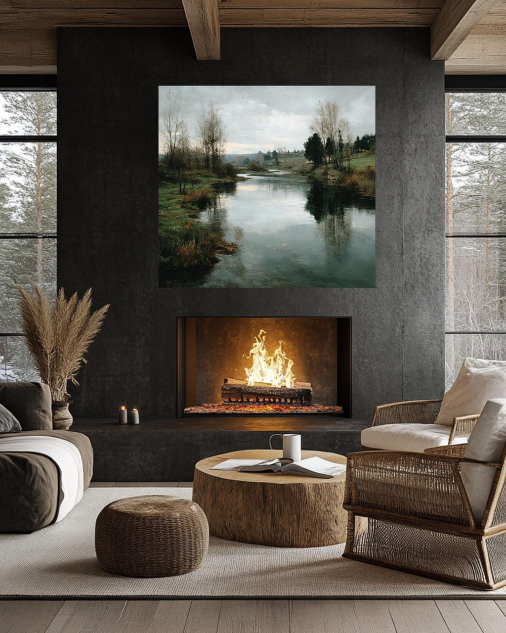 Tranquil River Canvas Print: Rustic Farmhouse Landscape Wall Art