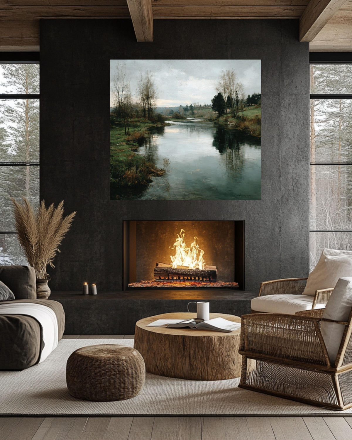 Tranquil River Canvas Print: Rustic Farmhouse Landscape Wall Art