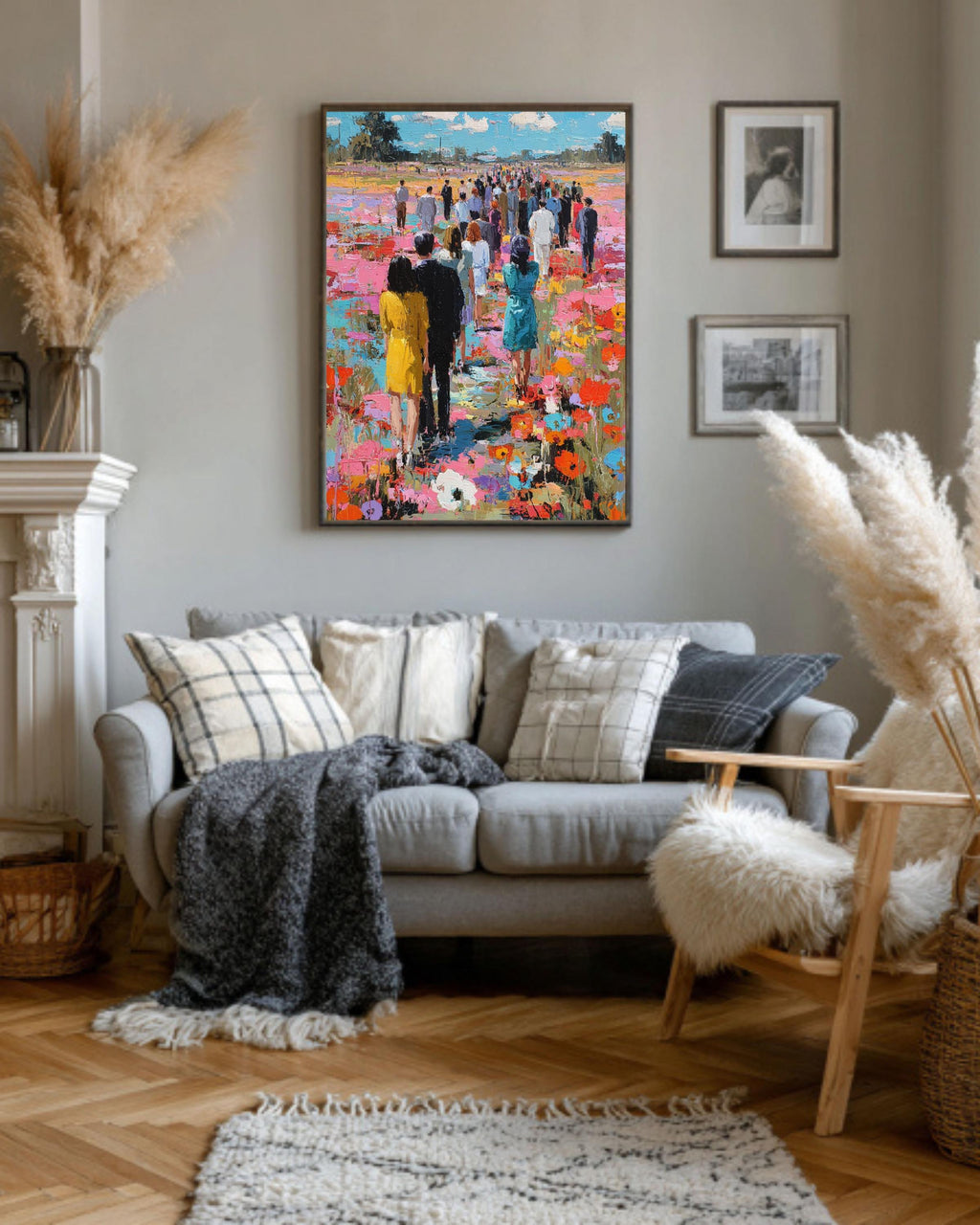 Impressionist People Art Print: Textured Floral Landscape, Vibrant Crowd
