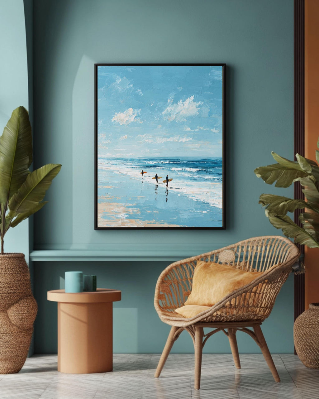 Textured Surfers on Beach Painting: Coastal Ocean Art