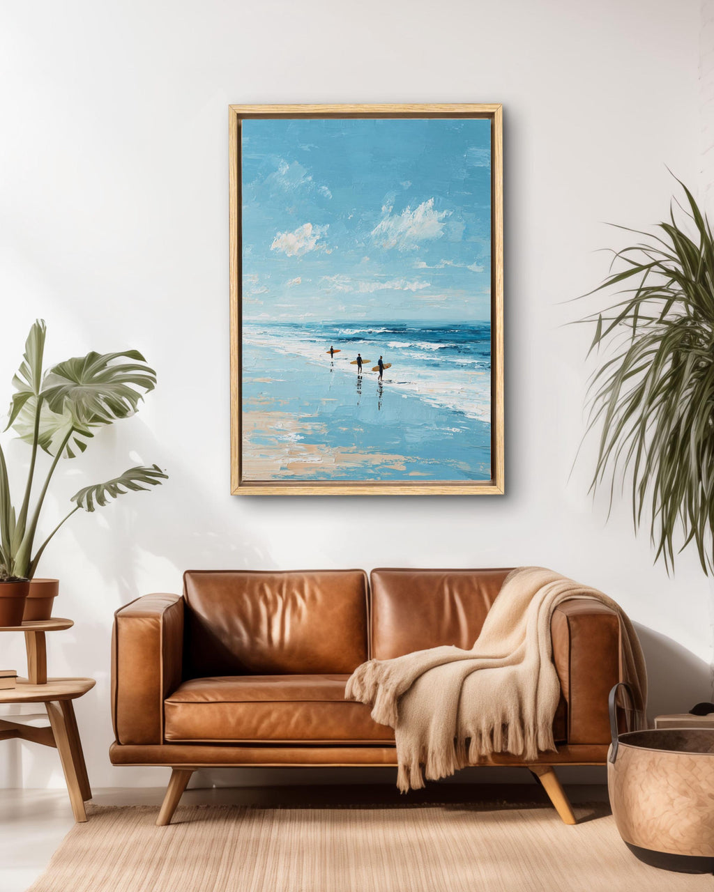 Textured Surfers on Beach Painting: Coastal Ocean Art