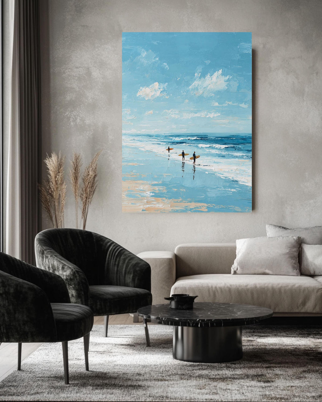 Textured Surfers on Beach Painting: Coastal Ocean Art