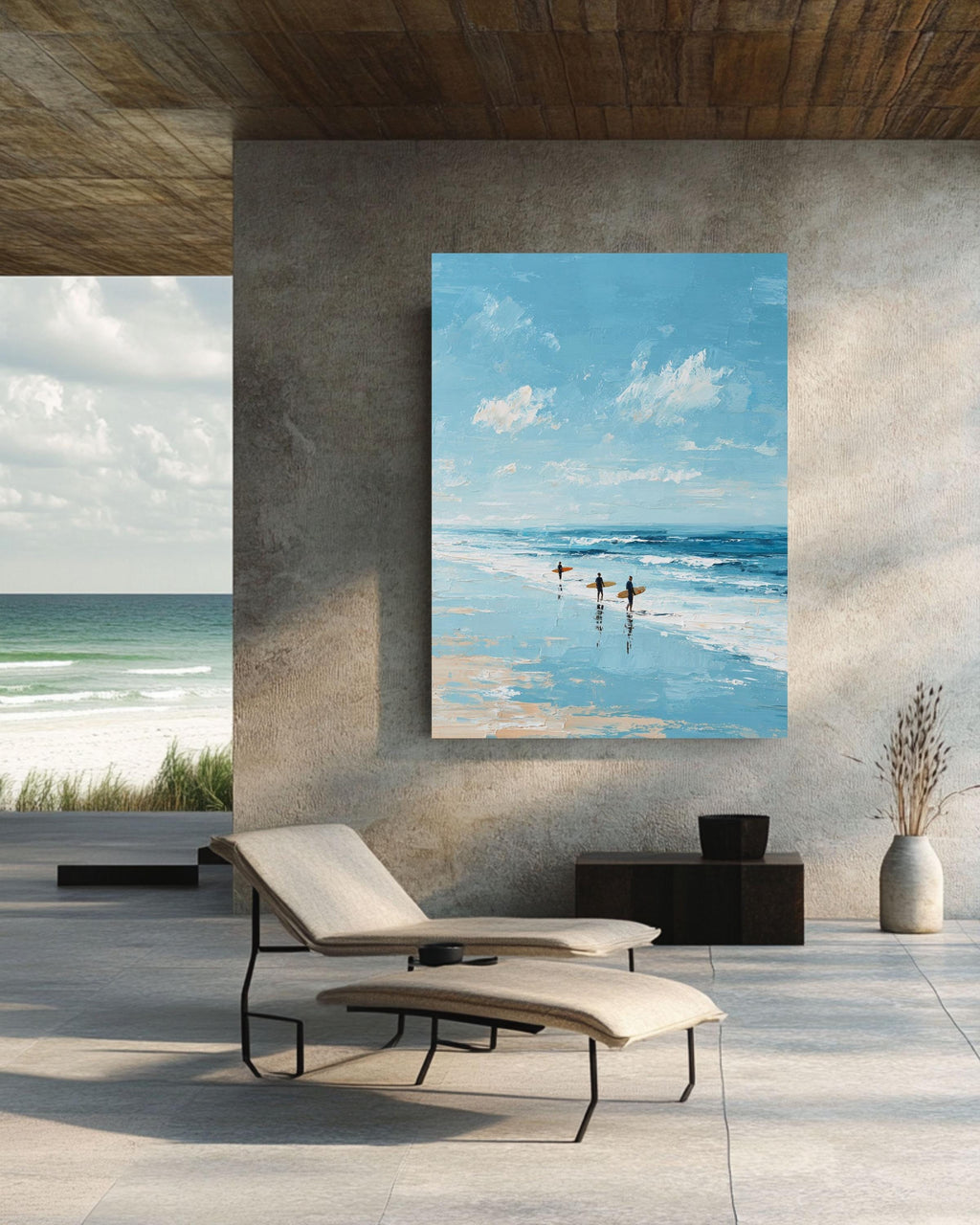 Textured Surfers on Beach Painting: Coastal Ocean Art