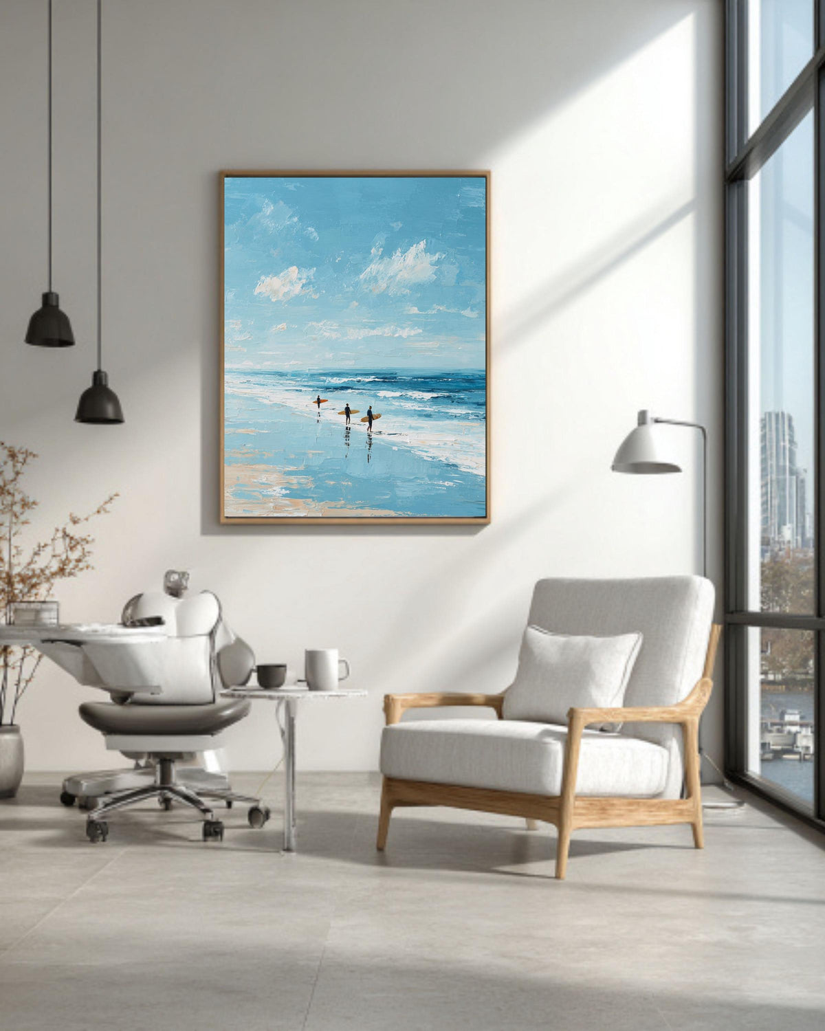 Textured Surfers on Beach Painting: Coastal Ocean Art