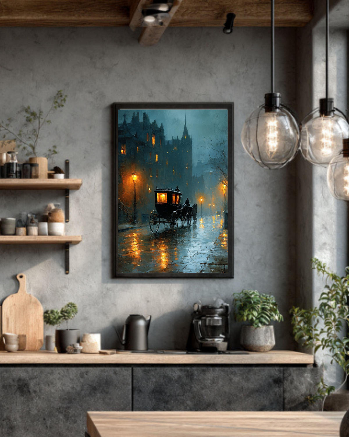 Rainy London Street Canvas Art, Victorian Carriage, Dark Academia Decor
