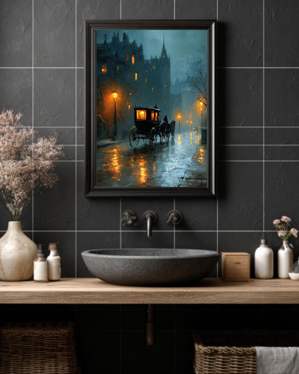 Rainy London Street Canvas Art, Victorian Carriage, Dark Academia Decor