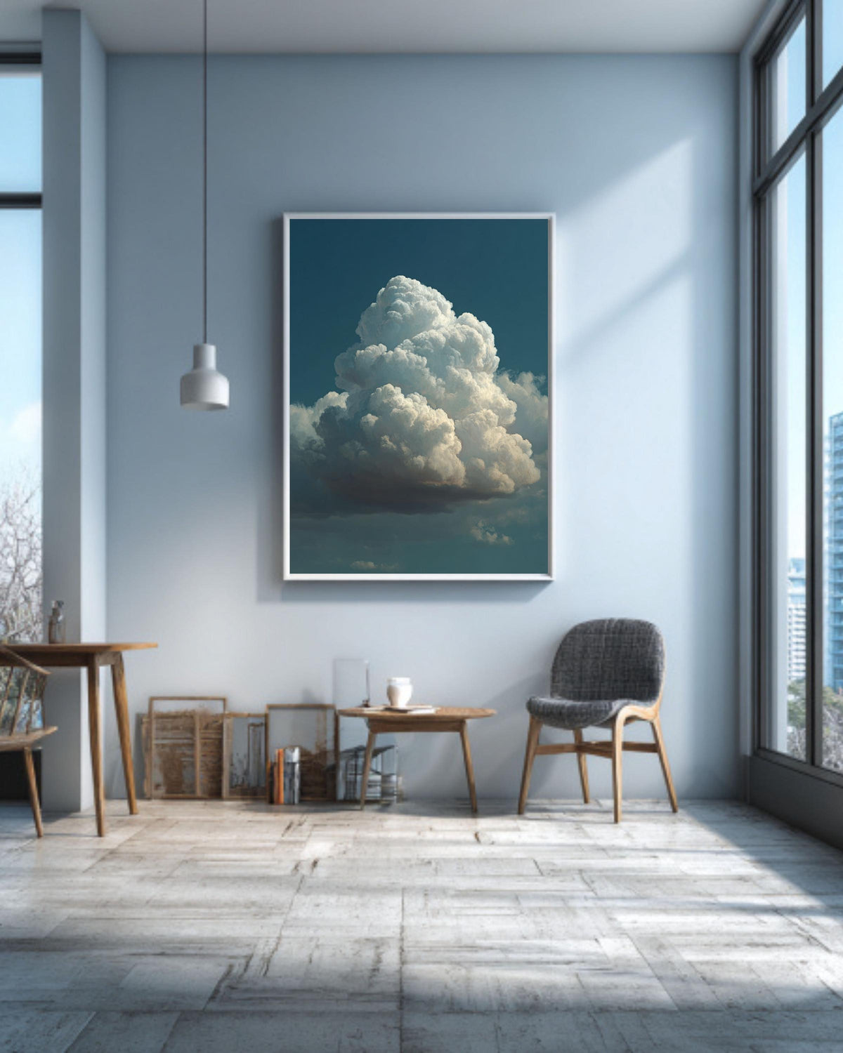 Fluffy Cloud Canvas Art: Minimalist Blue Sky Painting
