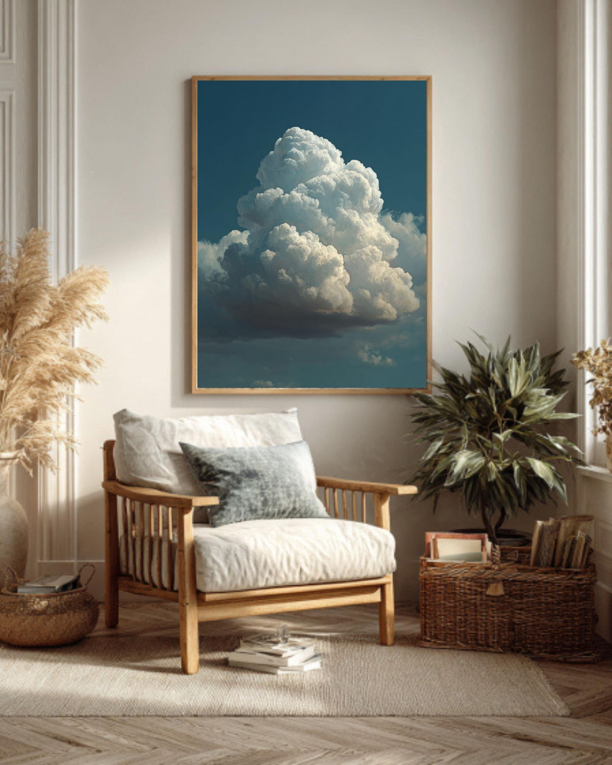Fluffy Cloud Canvas Art: Minimalist Blue Sky Painting