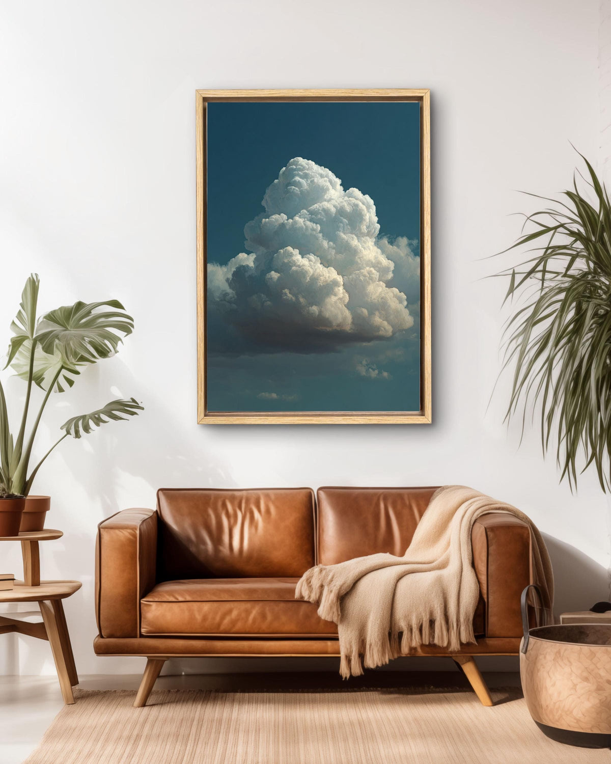 Fluffy Cloud Canvas Art: Minimalist Blue Sky Painting