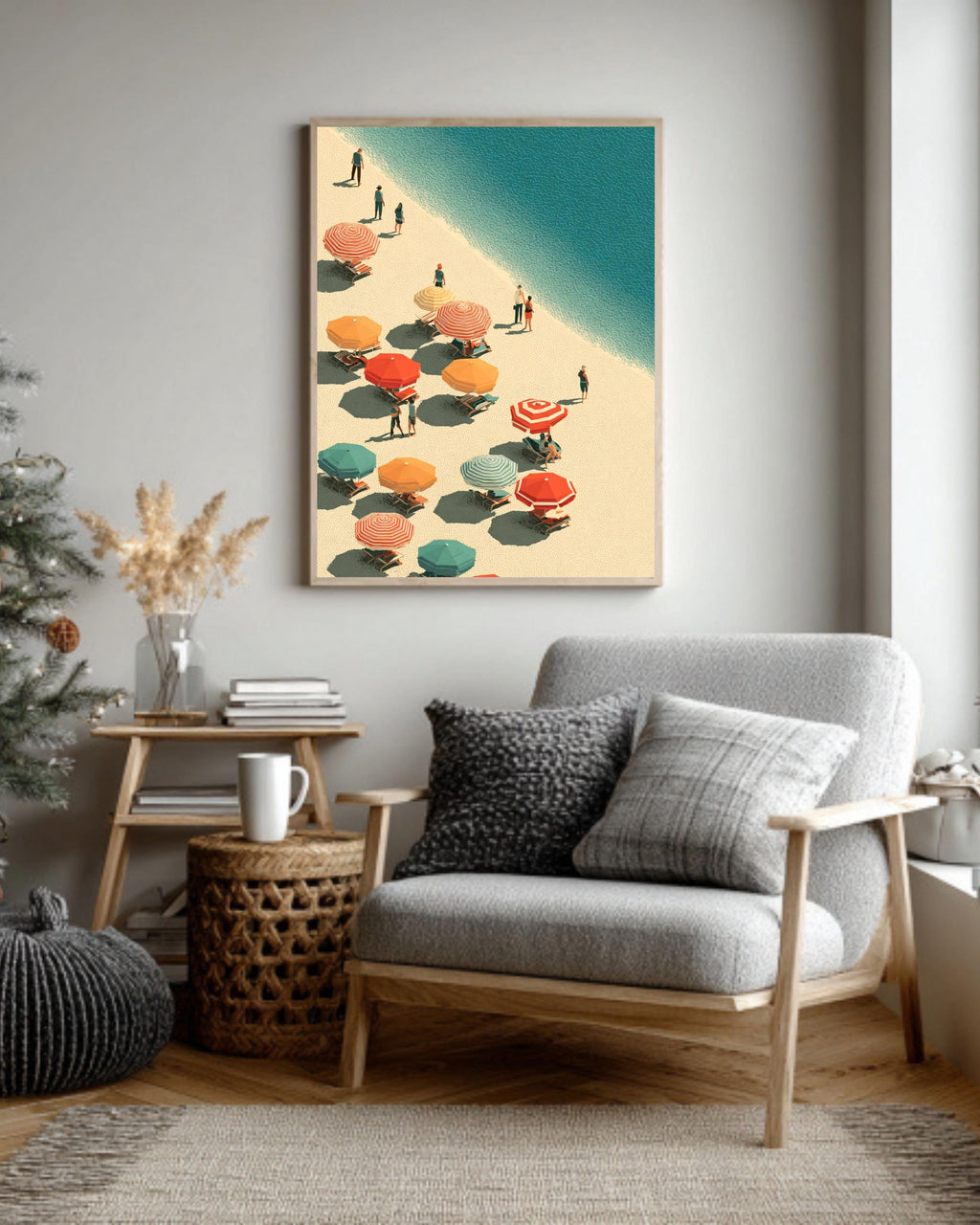 Abstract Beach Canvas Print, Colorful Umbrellas, Retro Coastal Wall Art