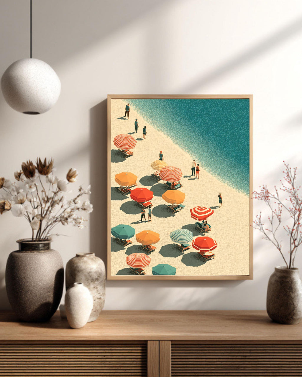 Abstract Beach Canvas Print, Colorful Umbrellas, Retro Coastal Wall Art
