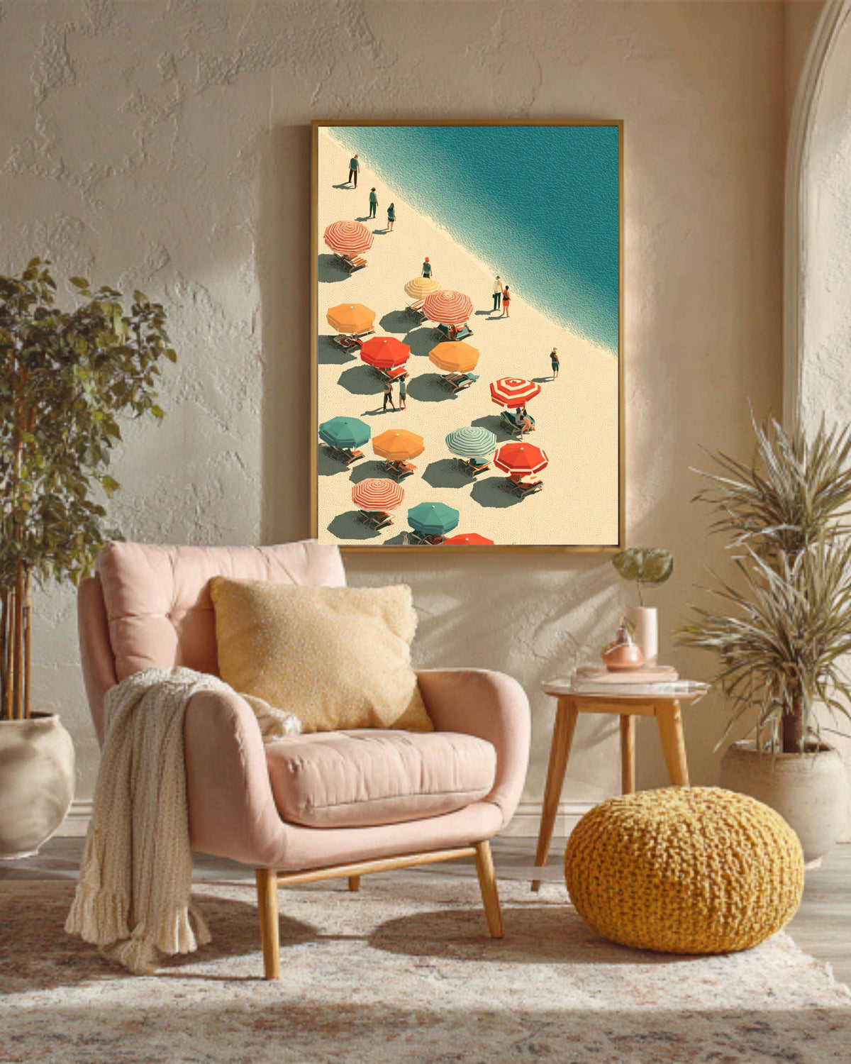 Abstract Beach Canvas Print, Colorful Umbrellas, Retro Coastal Wall Art