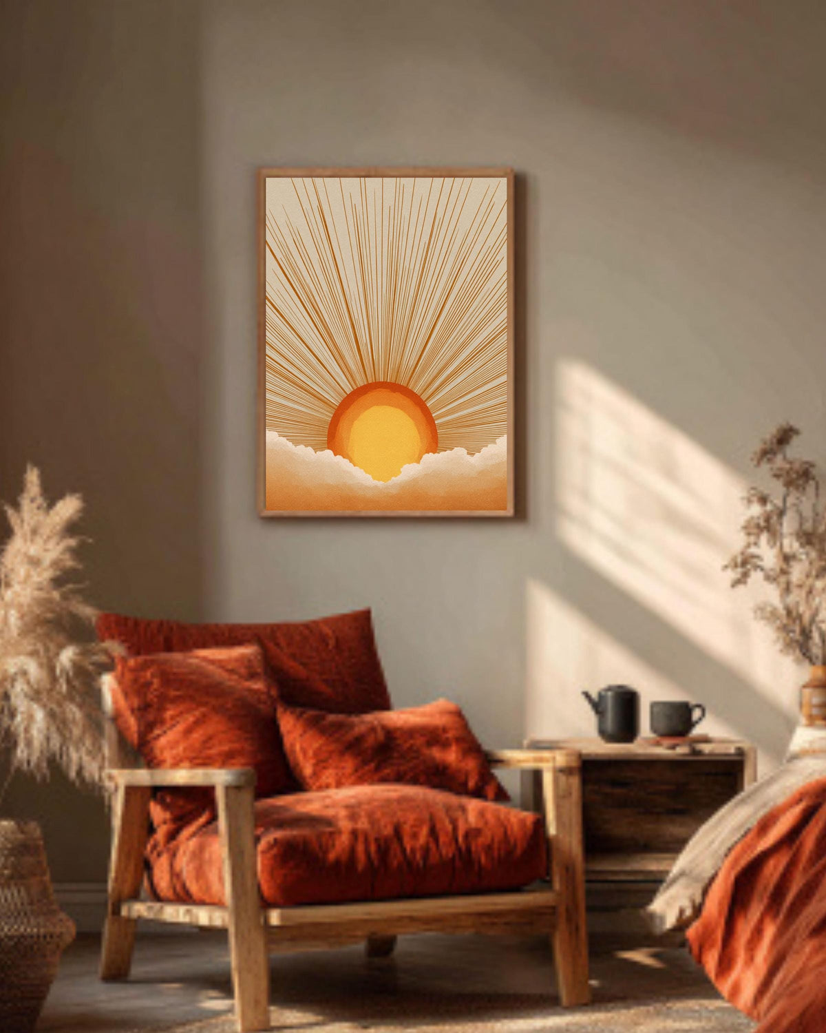 Retro Sunburst Canvas Art Print: Boho Sunset Wall Decor