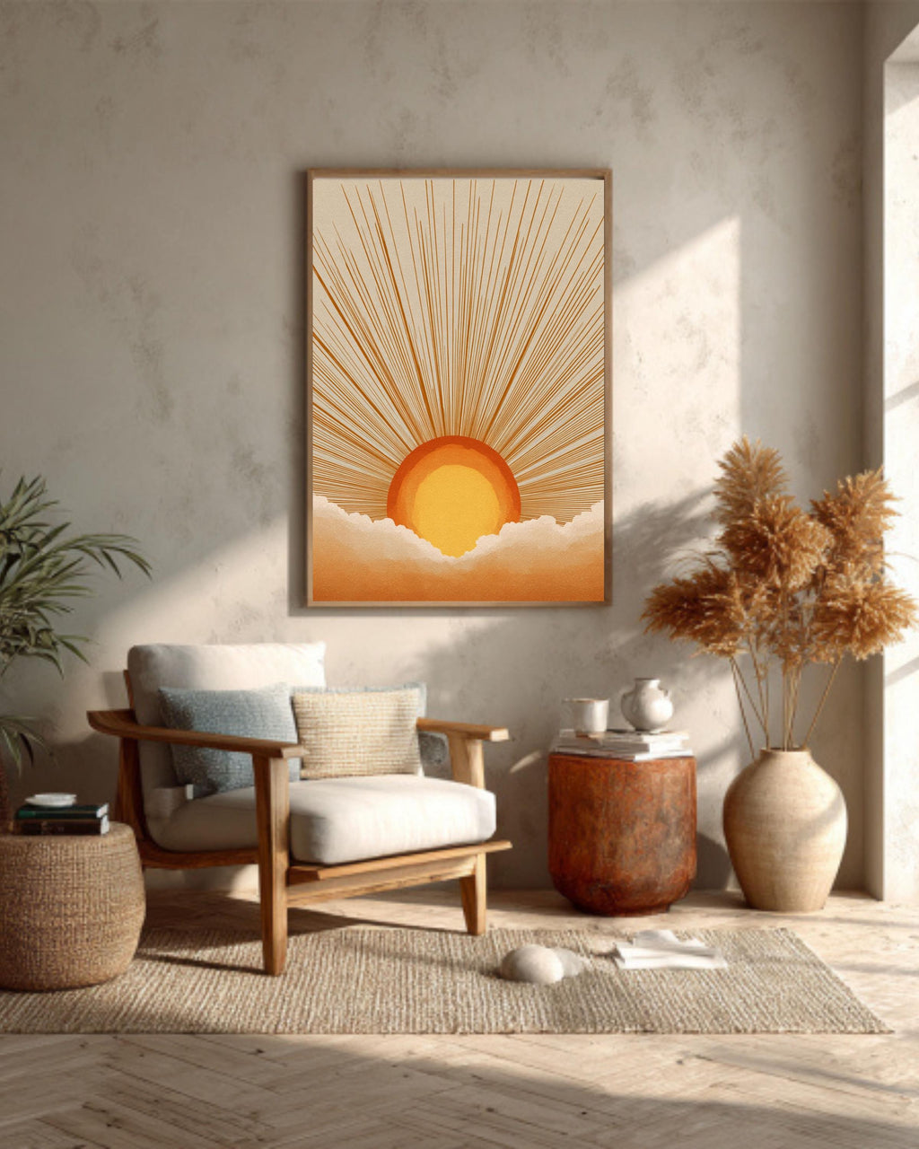 Retro Sunburst Canvas Art Print: Boho Sunset Wall Decor