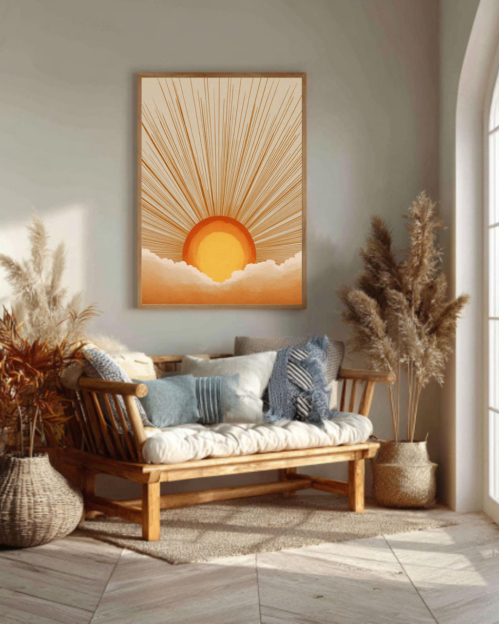 Retro Sunburst Canvas Art Print: Boho Sunset Wall Decor