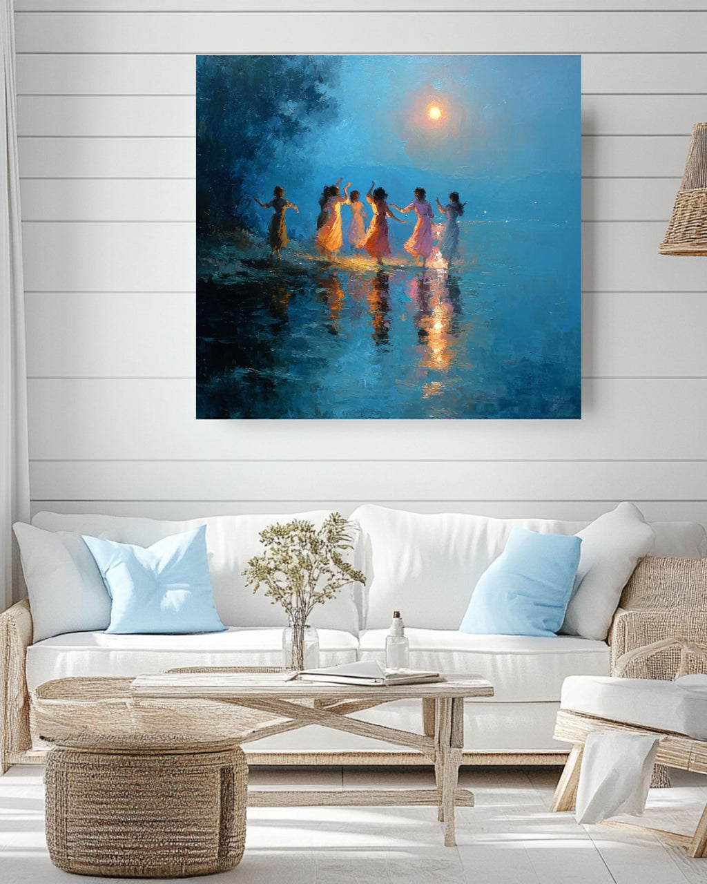 Moonlit Dancing Women Canvas Art, Whimsical Night Sky Painting