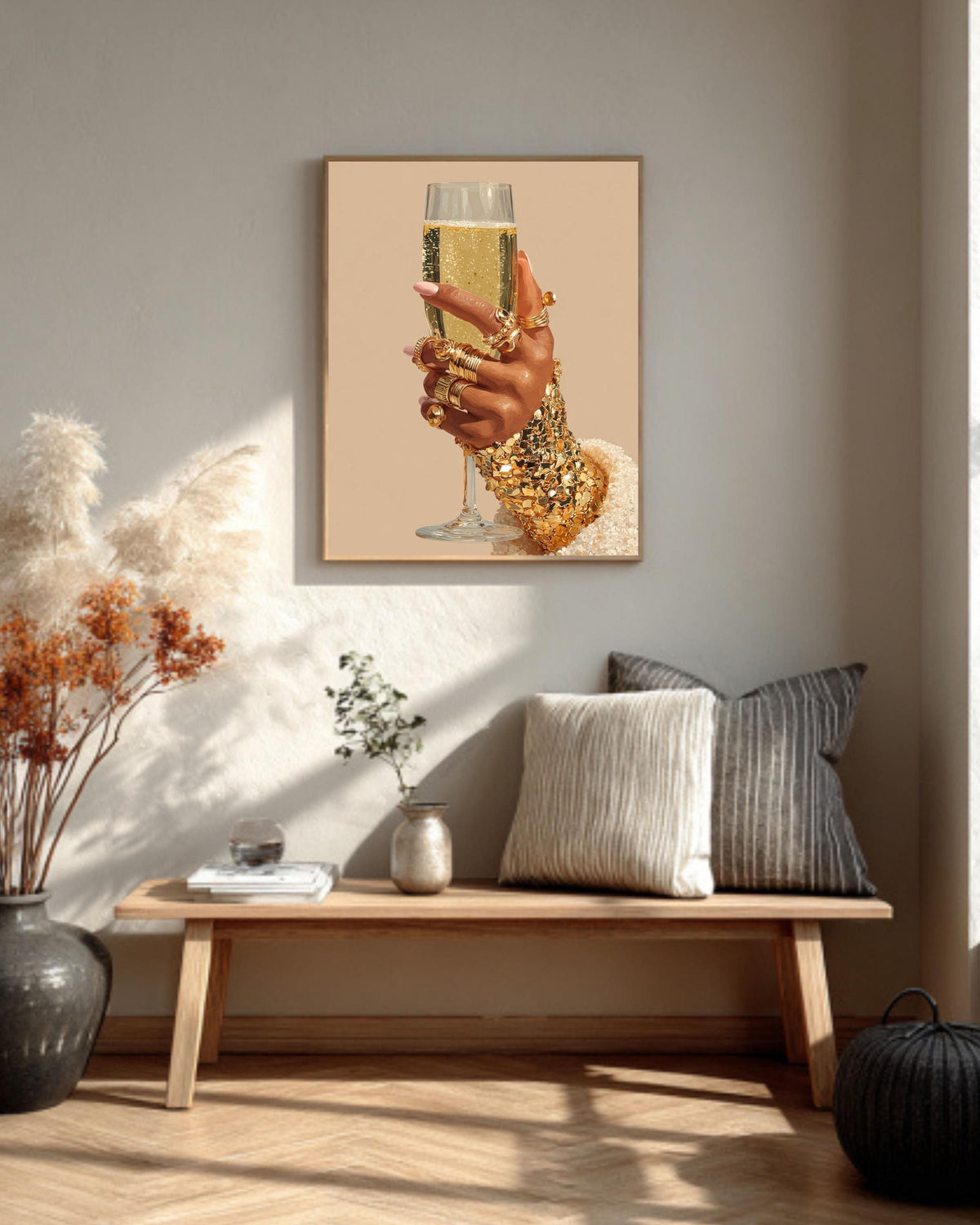 Champagne Glass Canvas Print: Gold Rings, Elegant Fashion Wall Art