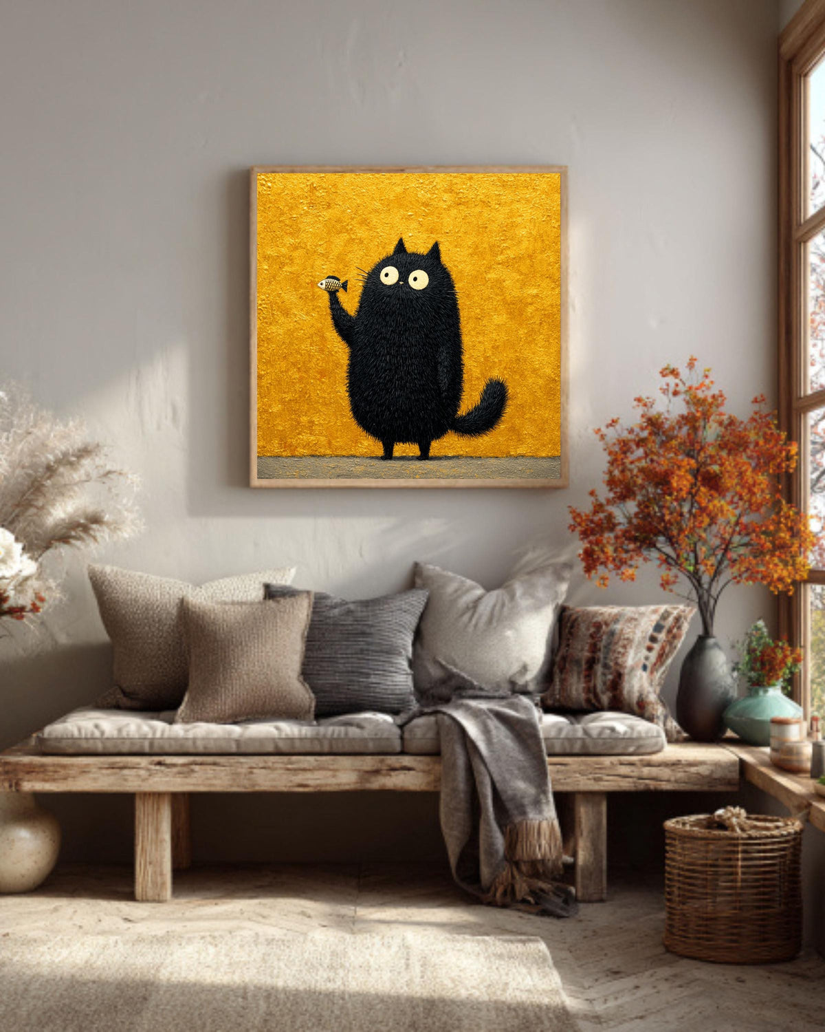 Funny Black Cat Fish Canvas Print, Whimsical Animal Wall Art