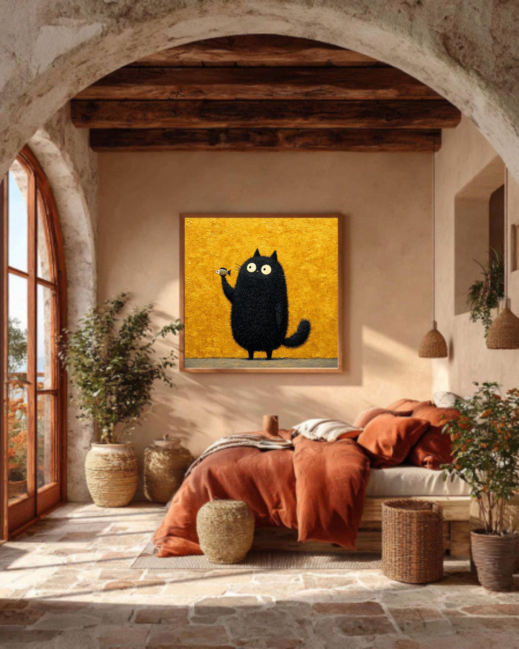 Funny Black Cat Fish Canvas Print, Whimsical Animal Wall Art
