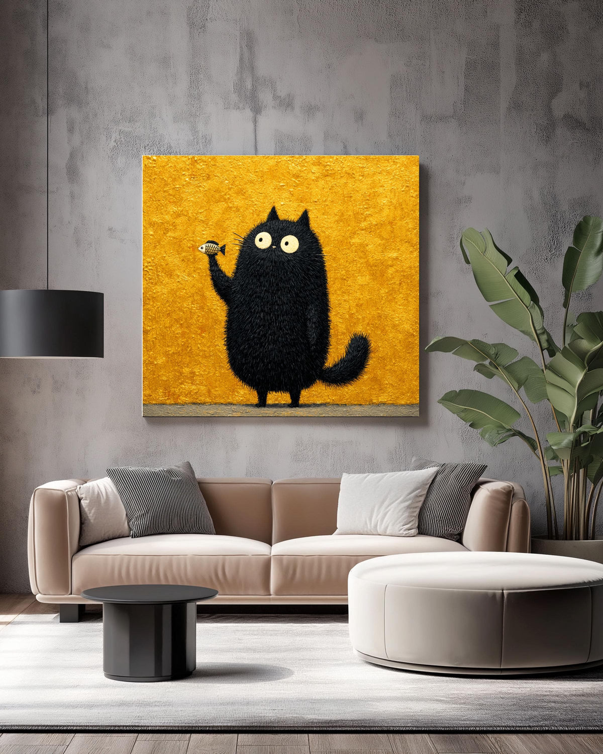 Funny Black Cat Fish Canvas Print, Whimsical Animal Wall Art