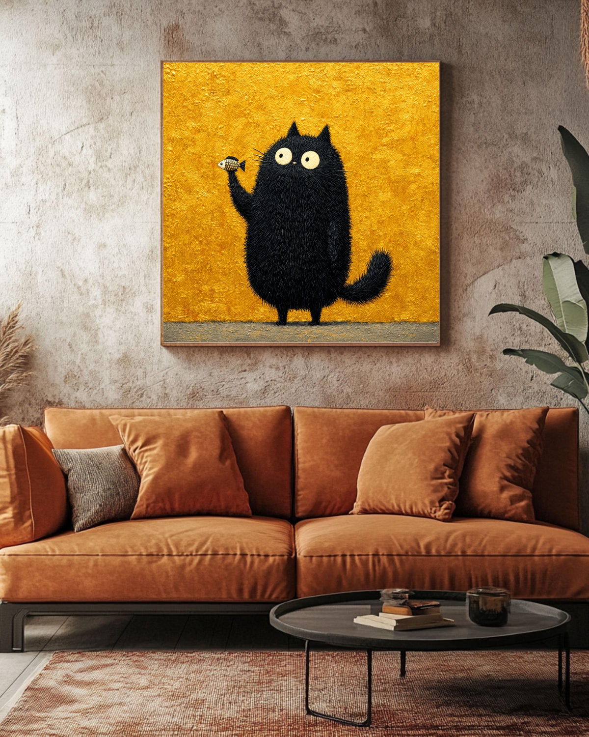 Funny Black Cat Fish Canvas Print, Whimsical Animal Wall Art